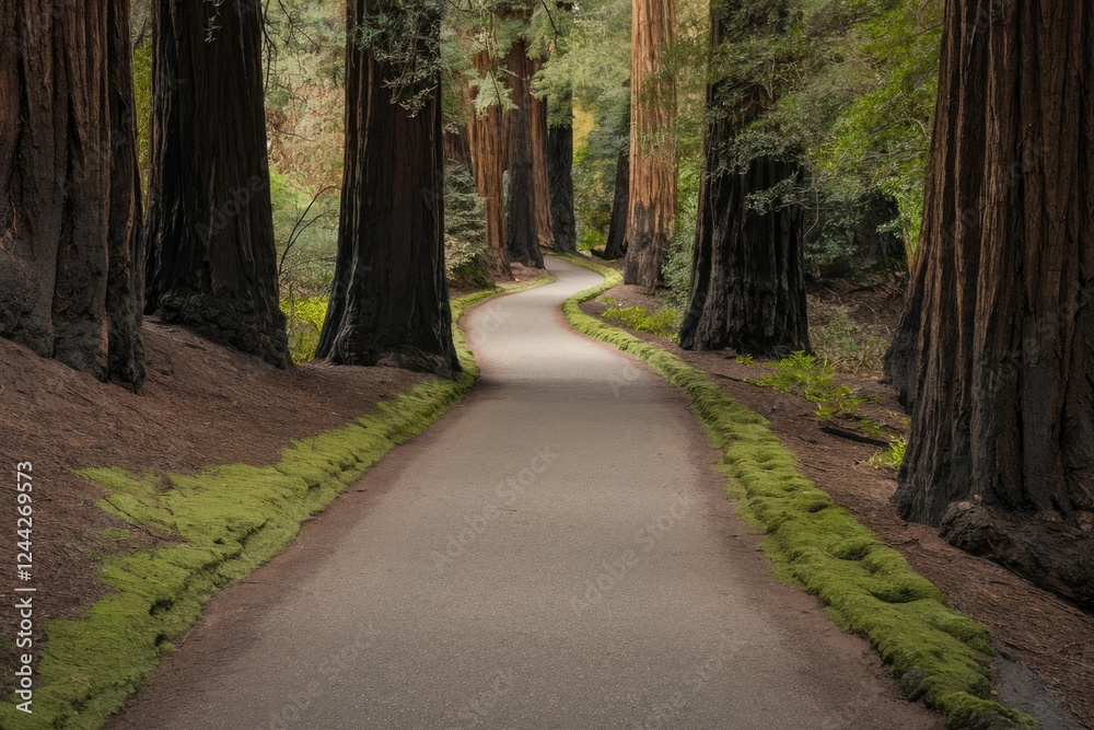 A winding path through a Redwood forest, sunlight dappling the mossy ground. A winding path through a Redwood forest, sunlight dappling the mossy ground.