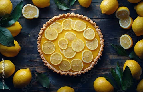 Delicious lemon tart surrounded by fresh lemons on a rustic wooden table