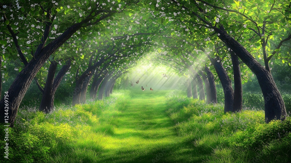 Obraz premium Spring banner featuring road of grass with the lineup of trees.
