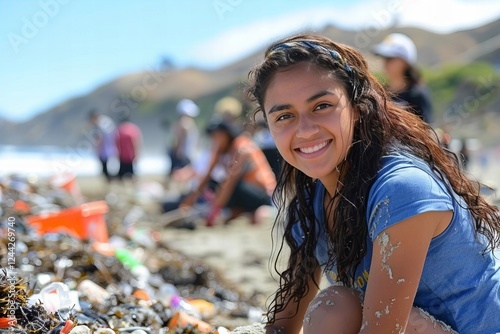 Earth Day: Young Hispanic Environmentalist Cleaning Up the Coast with a Garbage Picker - Full Body Shot photo