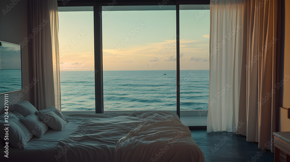 Fototapeta premium Cozy coastal style, furniture, comfortable bed, modern design background with a minimal bedroom interior