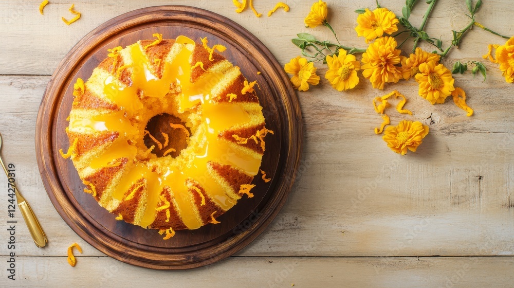 Hyper-quality professionnal photography, ultra detailed, Citrusy Orange Butter Cake with orange zest and glaze, styled on a rustic gold wooden background, bright and sweet Hyper-quality professionnal photography, ultra detailed, Citrusy Orange Butter Cake with orange zest and glaze, styled on a rustic gold wooden background, bright and sweet