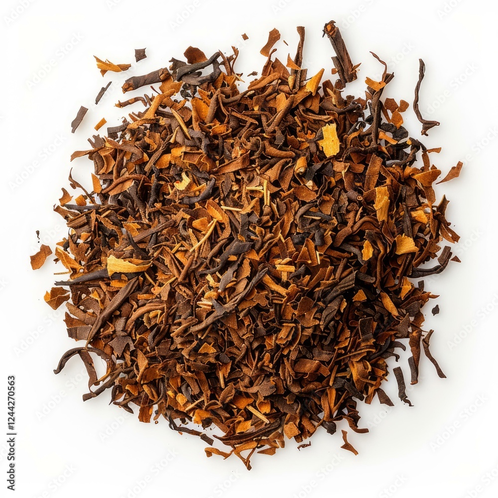 Obraz premium Small pile of loose leaf rooibos tea on a white background, ready for brewing