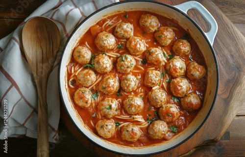 Delicious meatballs simmering in rich tomato sauce served with spaghetti on a...