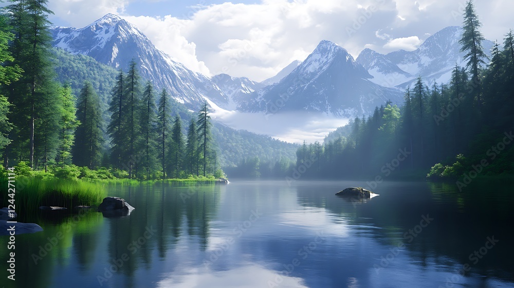 Fototapeta premium A serene alpine lake surrounded by towering mountains and dense pine forests