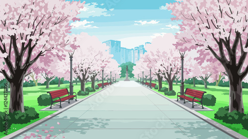 Cherry Blossom Park with Pathway and City View