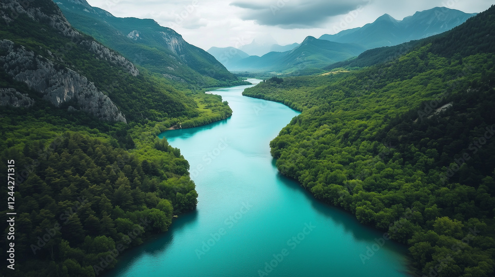 Serene Aerial View of a River Flowing Through Lush Green Mountains Serene Aerial View of a River Flowing Through Lush Green Mountains