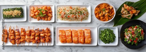 Delicious array of grilled meats and vegetarian dishes served on a marble table