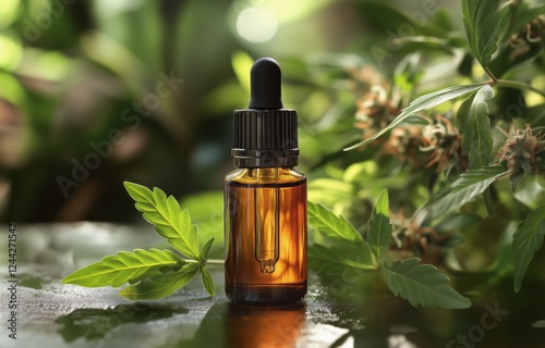 Natural hemp oil dropper bottle surrounded by fresh green leaves in a bright ...