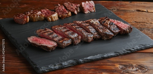 Grilled steak cuts displayed on a dark slate serving platter in a rustic setting
