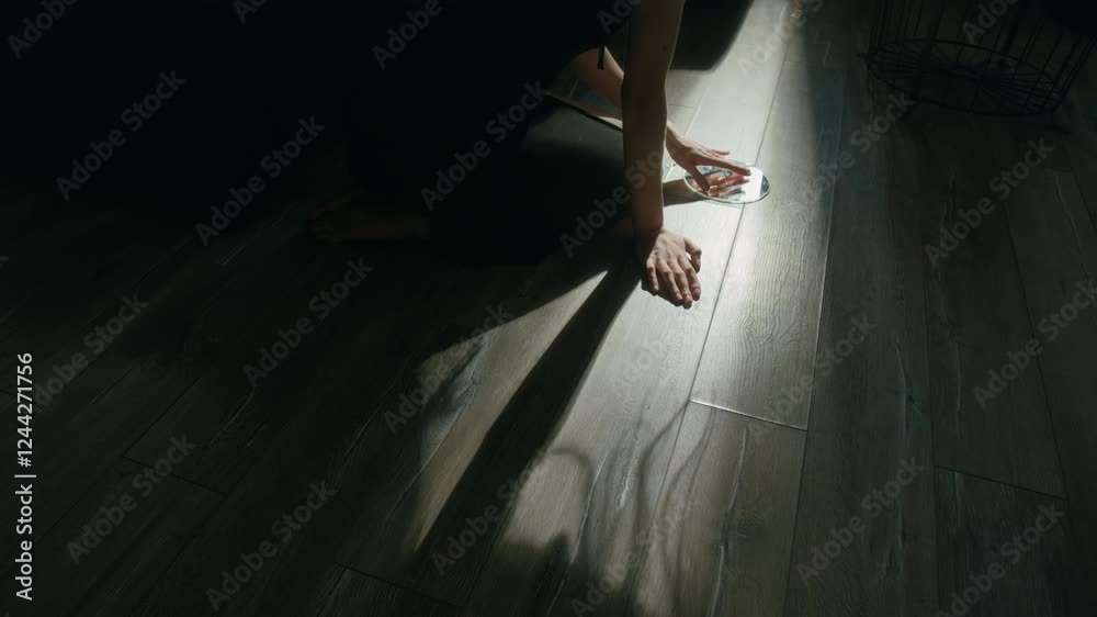 Tilt up view of young woman looking in round broken mirror touching its shards on living room floor in dim lighting