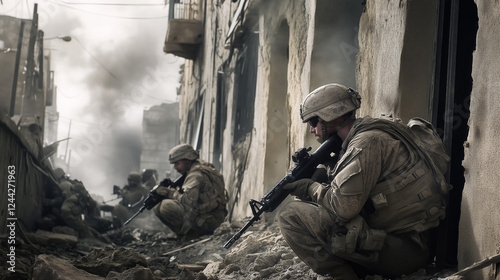 A battle-damaged urban landscape with broken buildings, shattered glass, and smoke, as exhausted soldiers in worn combat gear crouch behind crumbling walls, focused and gripping their weapons
