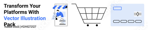 Mobile storefront with person handling goods, shopping cart, and payment card, representing e-commerce, retail, convenience, digital payments, store management transactions. Ideal for e-commerce