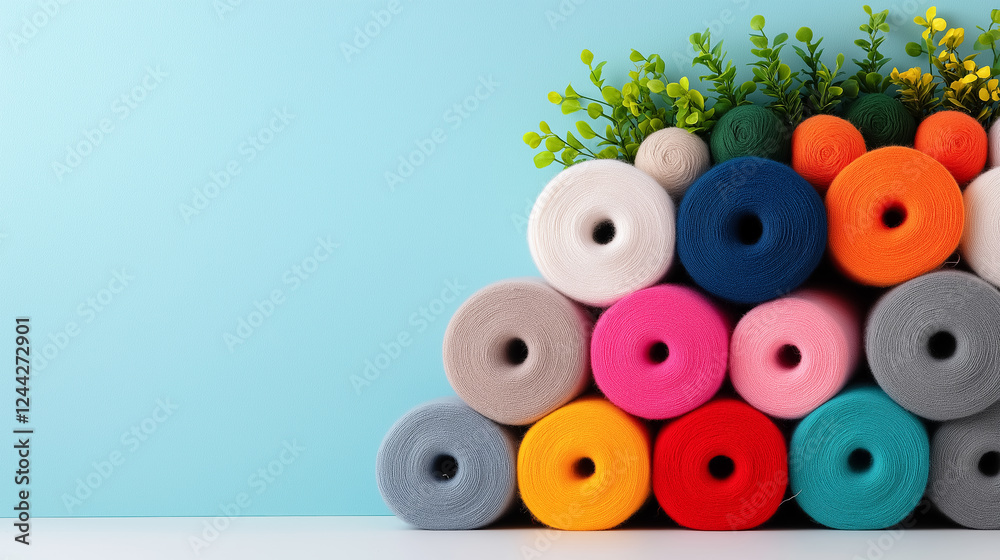 Colorful arrangement of yarn rolls with greenery on a pastel background in a creative space Colorful arrangement of yarn rolls with greenery on a pastel background in a creative space