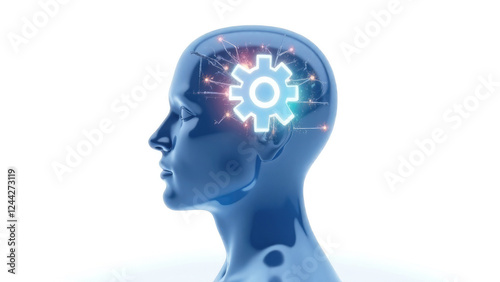 Blue glossy human head in profile with gears and space for text. Thought process, innovation, artificial intelligence and technology