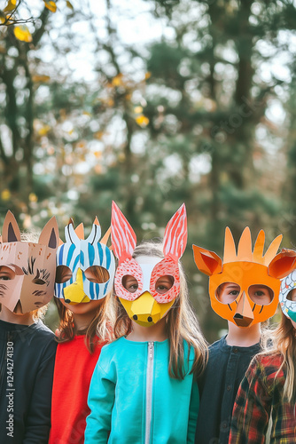 Children creating and pretending while laughing in creative cardboard animal masks.