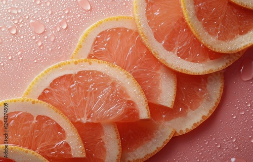 Slices of pink grapefruit arranged on a wet surface with droplets reflecting ...