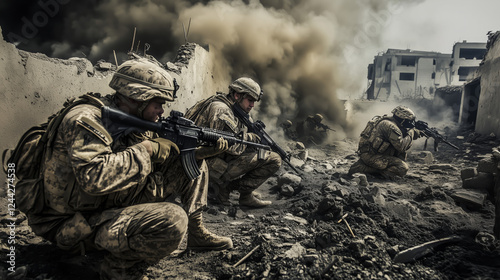 A battle-damaged urban landscape with broken buildings, shattered glass, and smoke, as exhausted soldiers in worn combat gear crouch behind crumbling walls, focused and gripping their weapons