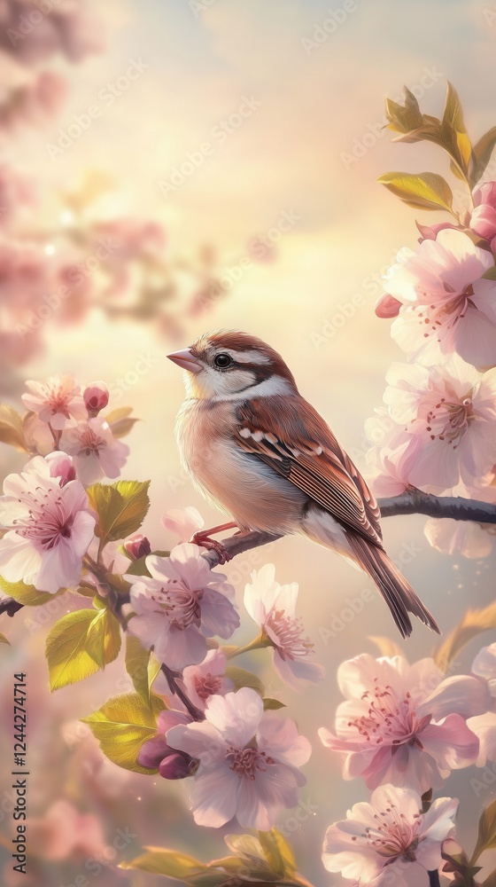 Small bird perched on a blossoming branch among soft-focus flowers in pastel hues Small bird perched on a blossoming branch among soft-focus flowers in pastel hues