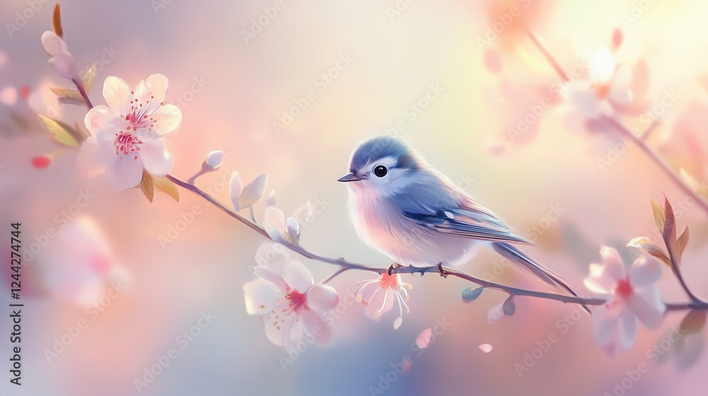 Small bird resting on a blossoming branch under a pastel sky during springtime