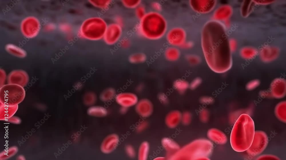 Vivid close-up of red blood cells in motion against a dark, soft-focused background. Concept of life and circulatory health Vivid close-up of red blood cells in motion against a dark, soft-focused background. Concept of life and circulatory health