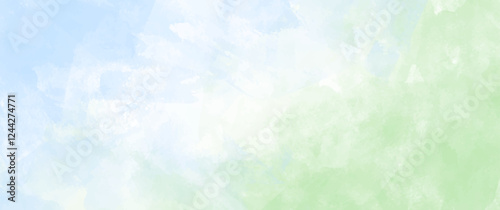 Abstract summer landscape vector watercolor background with blue sky, white clouds and green field. Watercolor illustration for interior, flyers, poster, cover, banner. Modern hand draw painting.