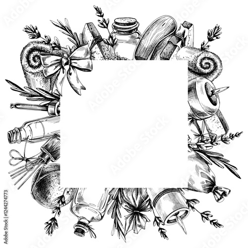 Cosmetics for spa and body care lavender. Graphic illustration line art hand drawn in black and white monochrome. Square frame, wreath, template for text.