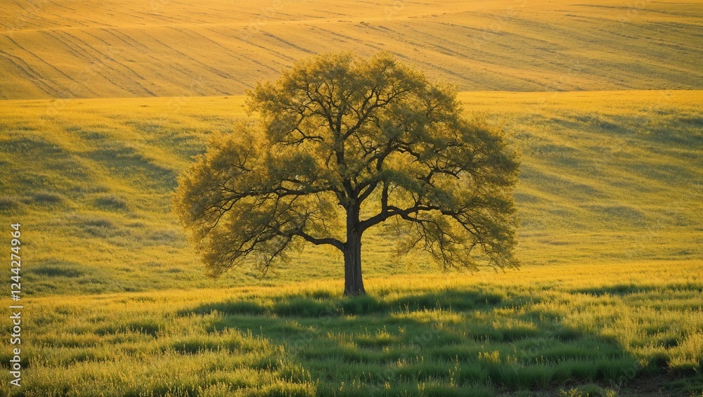 Fototapeta premium Spring Equinox lone tree in a golden field at sunset