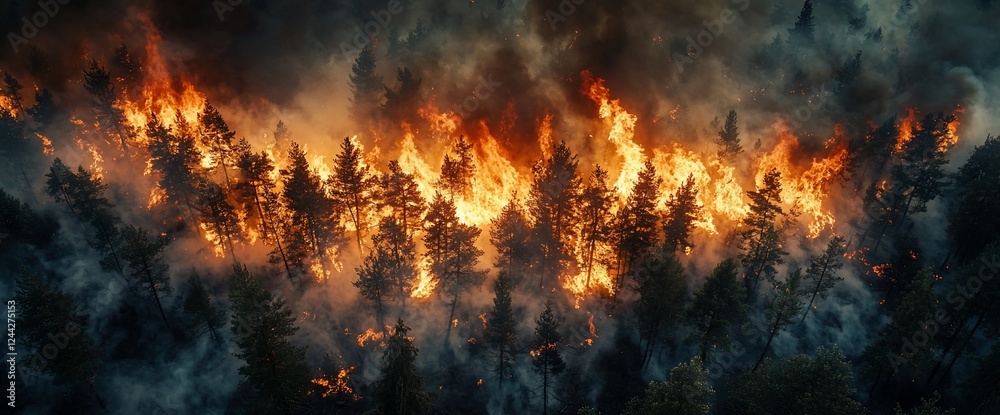 Aerial view of wildfire engulfing forest. Environmental disaster Aerial view of wildfire engulfing forest. Environmental disaster
