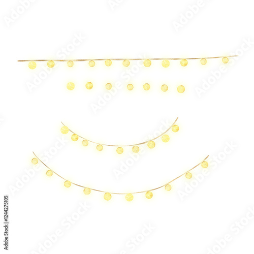 Garlands with yellow bulbs straight, arched, individual bulbs, lights. Watercolor illustration hand-drawn. Set of individual elements isolated from the background
