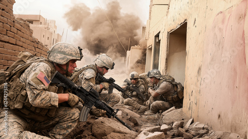 A battle-damaged urban landscape with broken buildings, shattered glass, and smoke, as exhausted soldiers in worn combat gear crouch behind crumbling walls, focused and gripping their weapons