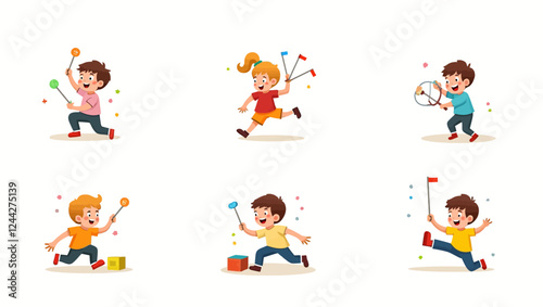 Children playing toys set. Happy kindergarten kids during indoor room games. Leisure childhood activities of little preschool boys and girls. Flat vector illustrations isolated on white background