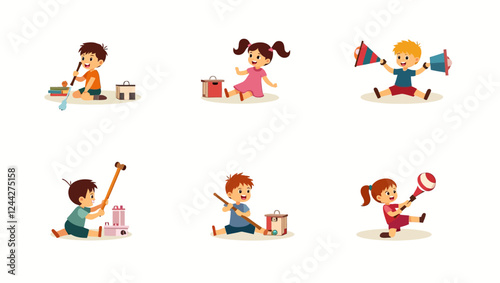 Children playing toys set. Happy kindergarten kids during indoor room games. Leisure childhood activities of little preschool boys and girls. Flat vector illustrations isolated on white background