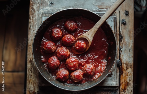 Savory meatballs simmering in rich tomato sauce on a rustic wooden table