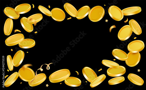 Vector illustration of frame of fly golden shine coin with different angle on black background. 3d realistic style design of blank golden coin frame. Game chip. Money symbol