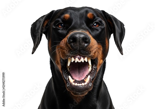 Closeup front view face portrait of aggressive barking dog with open mouth and sharp jaw teeth, isolated. Angry dangerous domestic pet animal, furious guard pitbull attack bite, vicious, fear, scary