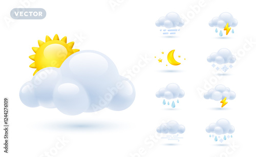 Vector illustration of different weather icon with sun, rain, half moon, thunder and snow cloud. 3d cartoon style forecast weather design of icon set of sun, rain drop, cloud, snow, crescent moon