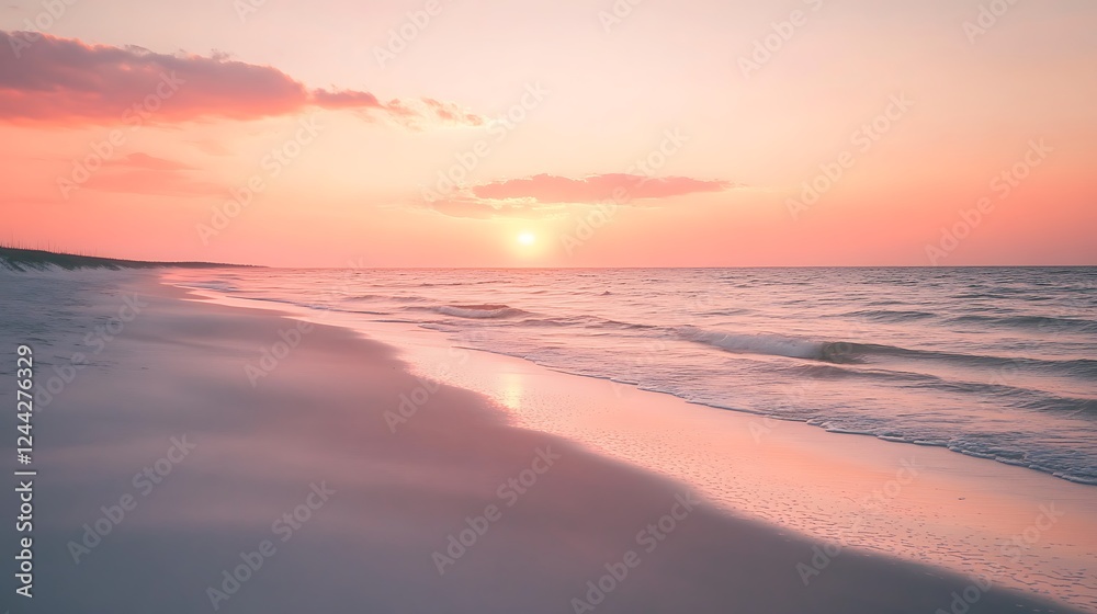 A serene beach at sunset with soft waves washing over the shore and the sky ablaze with color A serene beach at sunset with soft waves washing over the shore and the sky ablaze with color