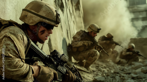 A battle-damaged urban landscape with broken buildings, shattered glass, and smoke, as exhausted soldiers in worn combat gear crouch behind crumbling walls, focused and gripping their weapons