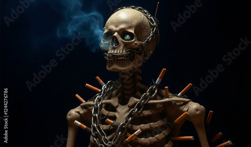 A skeleton locked in chains made of cigarettes, symbolizing smoking addiction
 photo