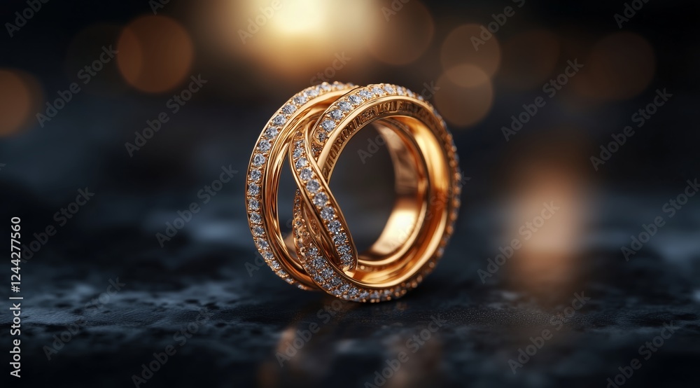 Elegant intertwined gold rings with sparkling gemstones on a dark reflective surface Elegant intertwined gold rings with sparkling gemstones on a dark reflective surface