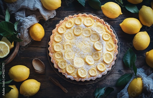 Delicious lemon tart surrounded by fresh lemons on wooden table for dessert