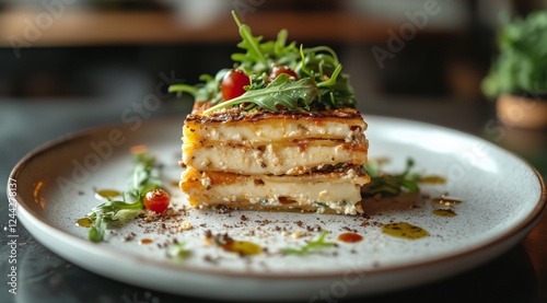 Delicious layered vegetable dish served on a white plate with fresh herbs and...