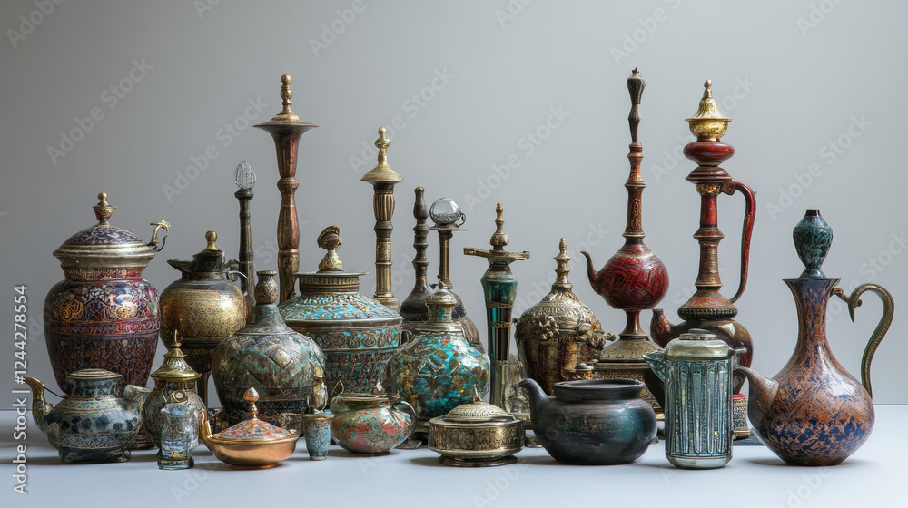 Various vases, jugs, containers and kitchenware with ancient torch and stone fire bowls, amphoras, copper and ceramic teapots, oil lamp and hookah pipe, tea services, vases, jug and plates Various vases, jugs, containers and kitchenware with ancient torch and stone fire bowls, amphoras, copper and ceramic teapots, oil lamp and hookah pipe, tea services, vases, jug and plates