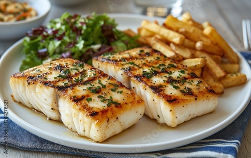 Grilled fish fillets served with fries and salad in a dining setting during l...