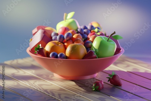 A vibrant bowl brimming with assorted fruits like apples, oranges, grapes, and strawberries, bathed in sunlight. photo