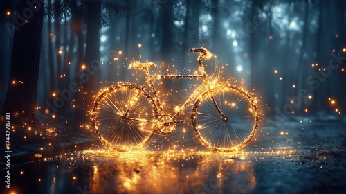 Creative bicycle shape formed by glowing stars in a mysterious forest at dusk