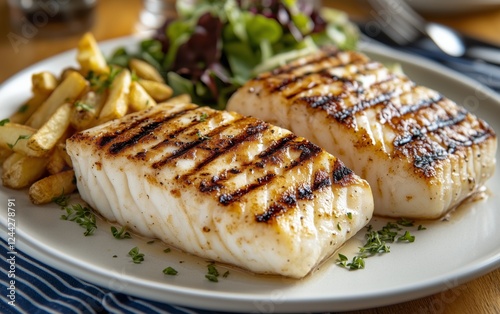 Grilled fish fillets served with salad and fries in a casual dining setting