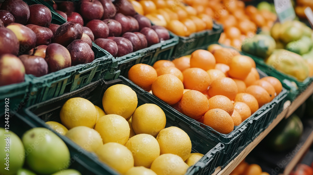 A vibrant display of assorted fruits in baskets at a market. A vibrant display of assorted fruits in baskets at a market.