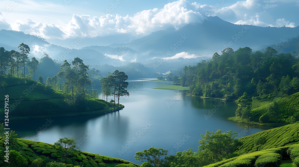 Obraz premium Serene sunrise over misty tea plantation lake